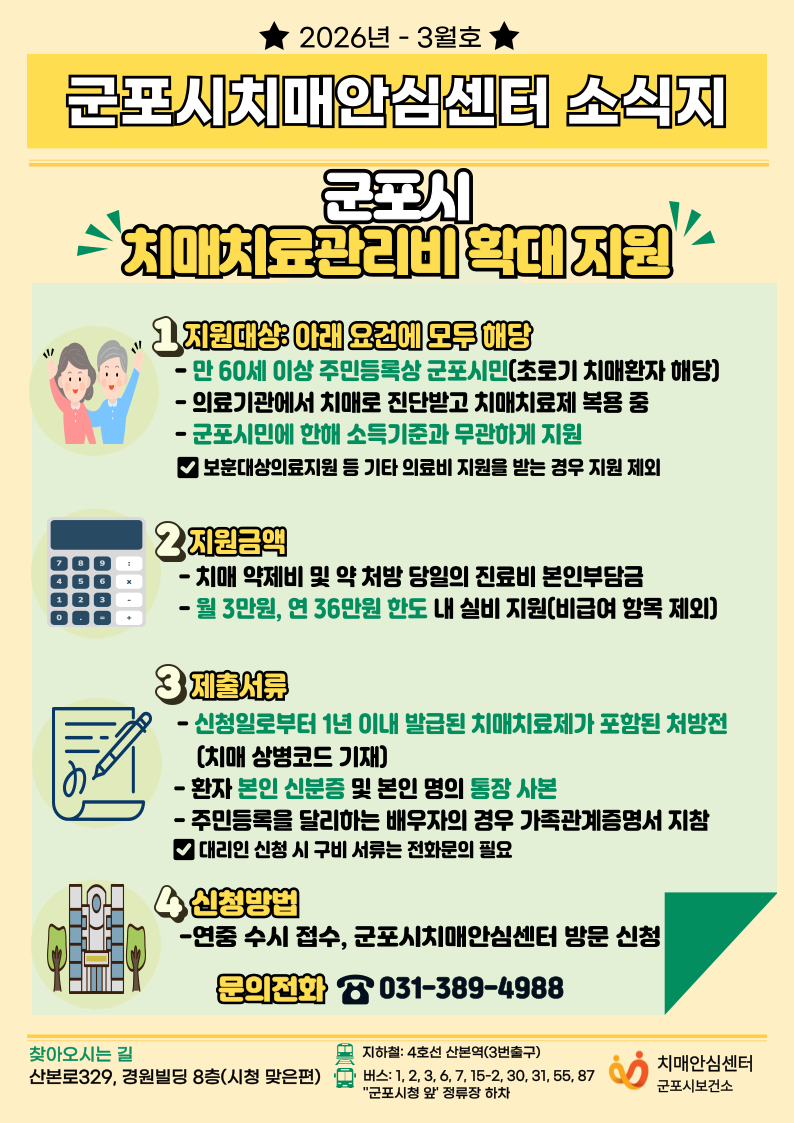 3월 군포시치매안심센터 소식지 - 치매치료관리비 확대 지원 1