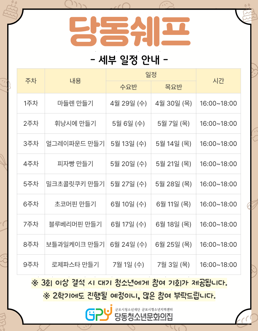 2026년 온동네 돌봄·교육 프로그램 [당동쉐프] 참가 청소년 모집 안내 2